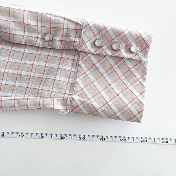 Vintage Lancer Mens Plaid Pearl Snap Button Up Western Shirt Tan Red XL Tall - Picture 8 of 8